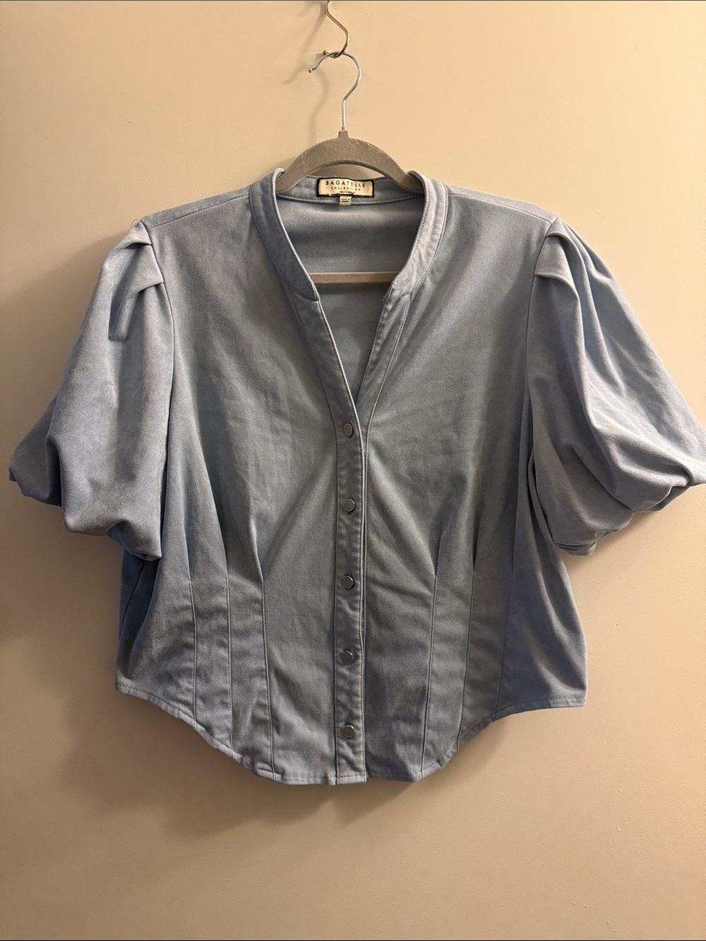 bagatelle Pale Blue Puff Sleeve Button-Front Top